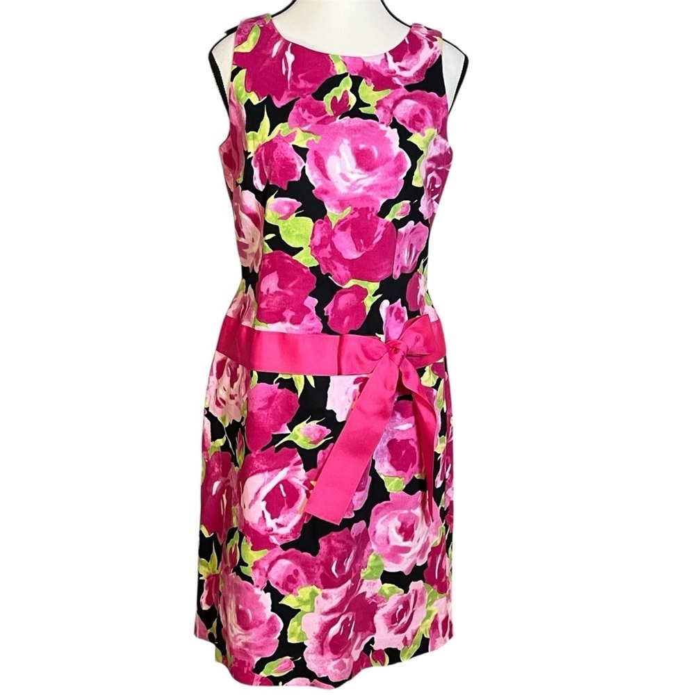 Talbots Pink Rose Watercolor Floral Sheath Bow Dress Easter Spring Summer Size 6